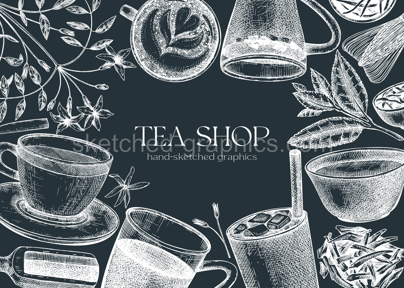 Hand sketched tea drinks and ingredients banner. Vintage teacups, glasses, leaves, flowers hand drawings background. Tea beverages design on chalkboard. Perfect for recipe, menu, label, packaging.  Illustration